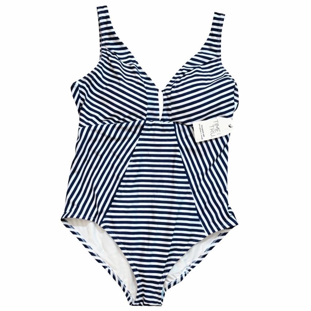TIME AND‎ TRU Women’s Navy & White Striped One-Piece Full Coverage Swimsuit XL